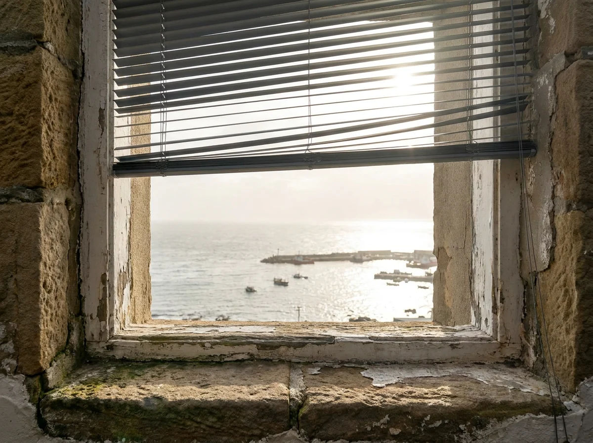 An aluminium venetian blind in a deep-set heritage stone window reveal in a Kalk Bay cottage, thin powder-coated metal slats tilted to steer the low hard morning sun coming off False Bay, the working harbour visible beyond