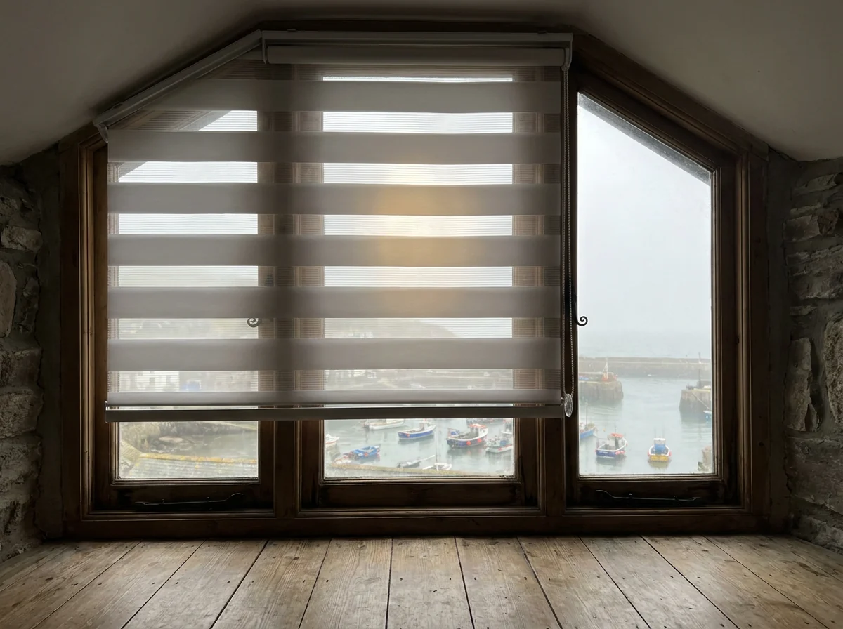 A day-night zebra roller blind on an odd-shaped timber-framed heritage window in a Kalk Bay mountainside home, its alternating sheer and solid horizontal bands half drawn, fishing boats in the harbour visible through the sheer stripes