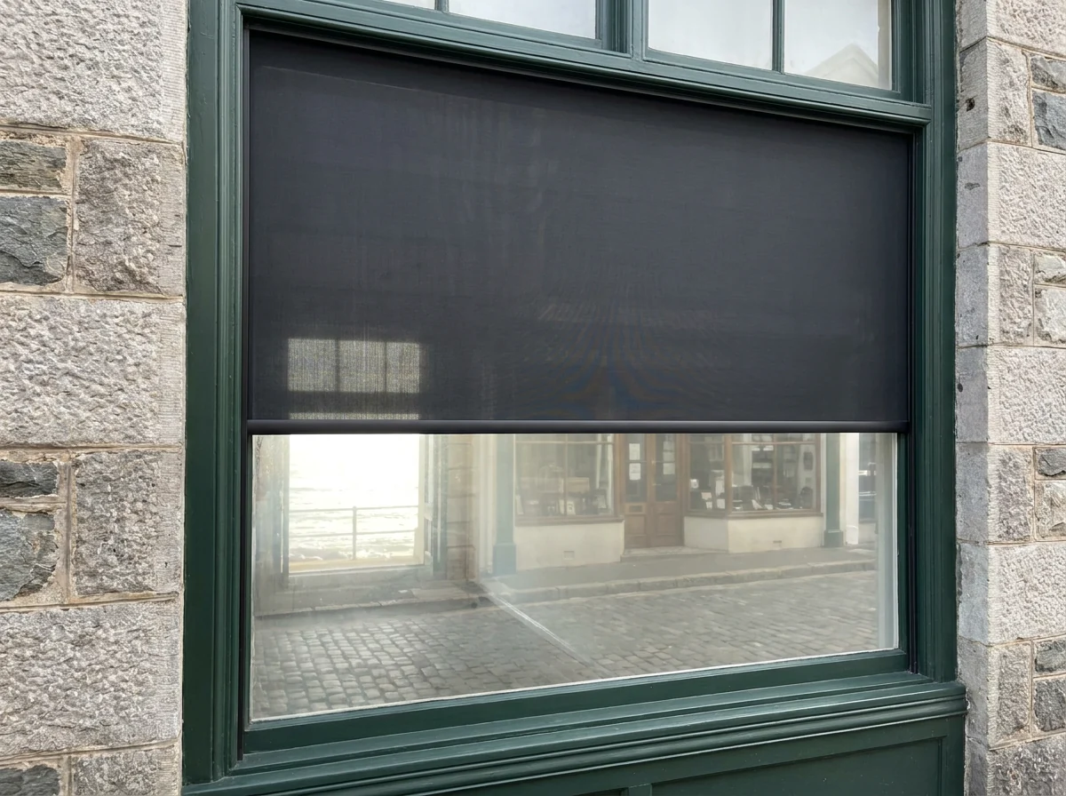 A single smooth flat sunscreen roller blind on a restored Victorian Main Road shopfront window in Kalk Bay, lowered halfway, the quiet antique-shop street reflected faintly in the glass