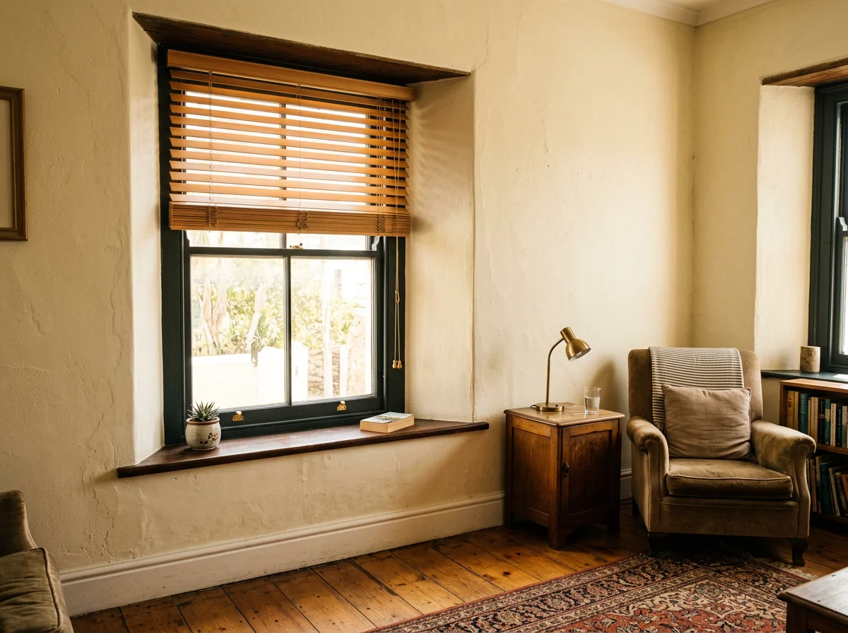 A timber venetian blind with natural wooden horizontal slats in a dry heritage interior room of a Kalk Bay Victorian cottage, tilted to filter soft afternoon light over an exposed wooden floor